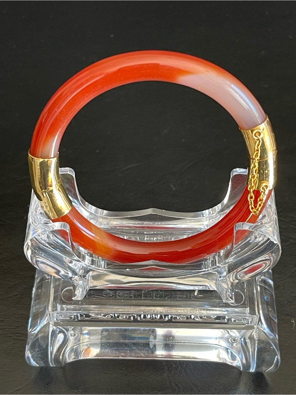 Genuine Red Agate Hinged Bangle Bracelet with Gold Accents